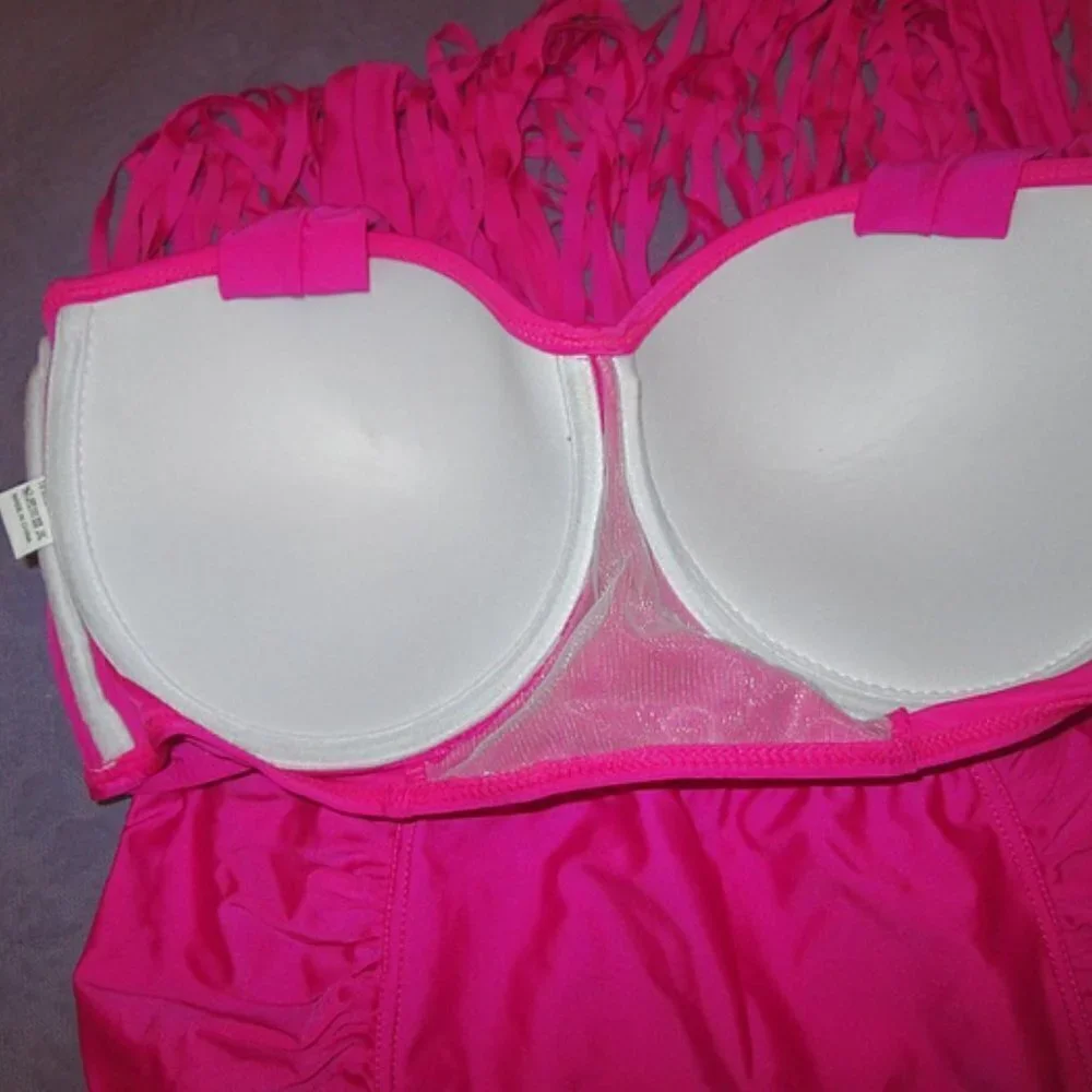 Hot Pink Bikini Size XXL High Waist 2 Piece Swimsuit Convertible Fringe Coquette